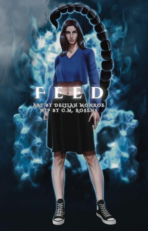 Art by Delilah Monroe of a white woman in her 20s with a scorpion tail standing in front of a throne made of tortured ghosts.