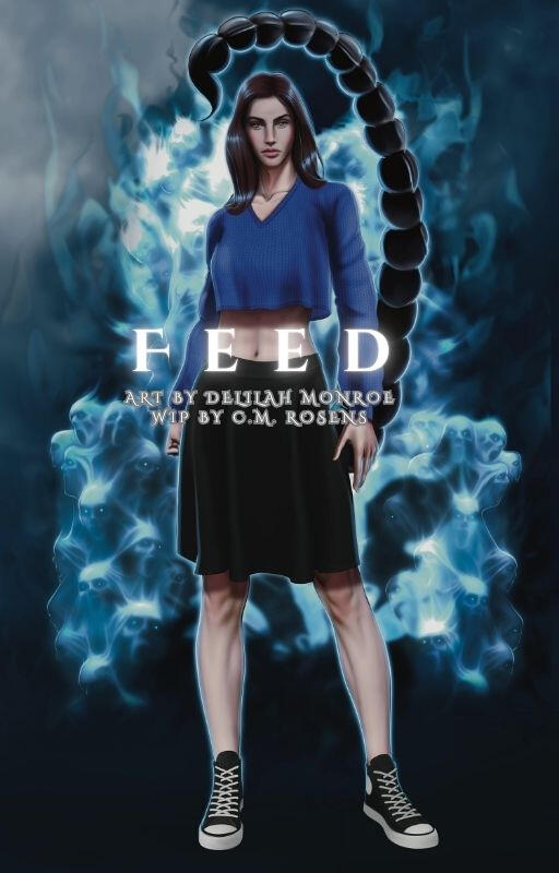 Art by Delilah Monroe of a white woman in her 20s with a scorpion tail standing in front of a throne made of tortured ghosts.