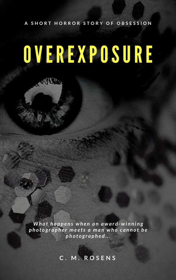 Overexposure cover. Close up of a human eye with something reflected in it, the cheek below covered in tiny pieces of hexagonal glitter-confetti