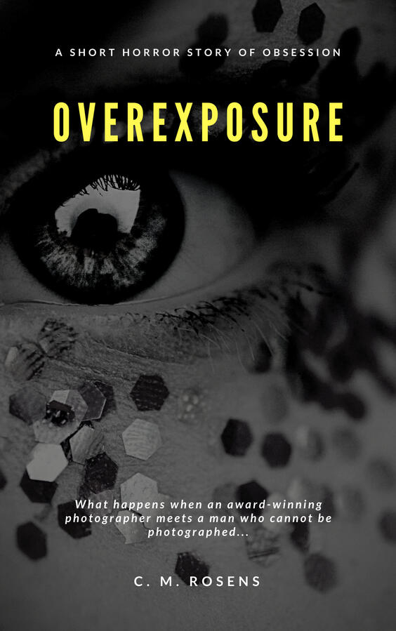 Overexposure cover. Close up of a human eye with something reflected in it, the cheek below covered in tiny pieces of hexagonal glitter-confetti