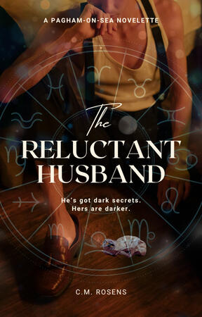 The Reluctant Husband cover. A 1930s vibes man sat on the floor of a bedroom with a dead rat at his feet and astrology symbols overlaying the scene.