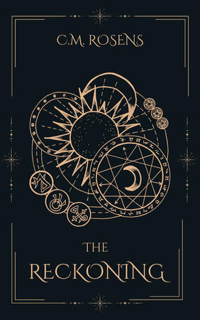 Cover of The Reckoning, which is black with golden astrology symbols interlinked as the central design.