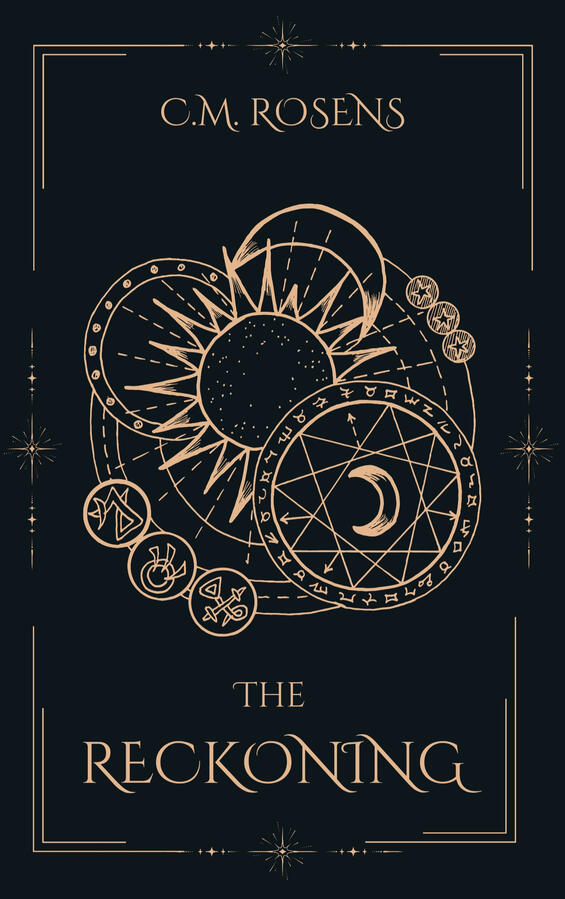 Ko-Fi exclusive Low Fantasy Romance Cover of The Reckoning, which is black with golden astrology symbols interlinked as the central design.