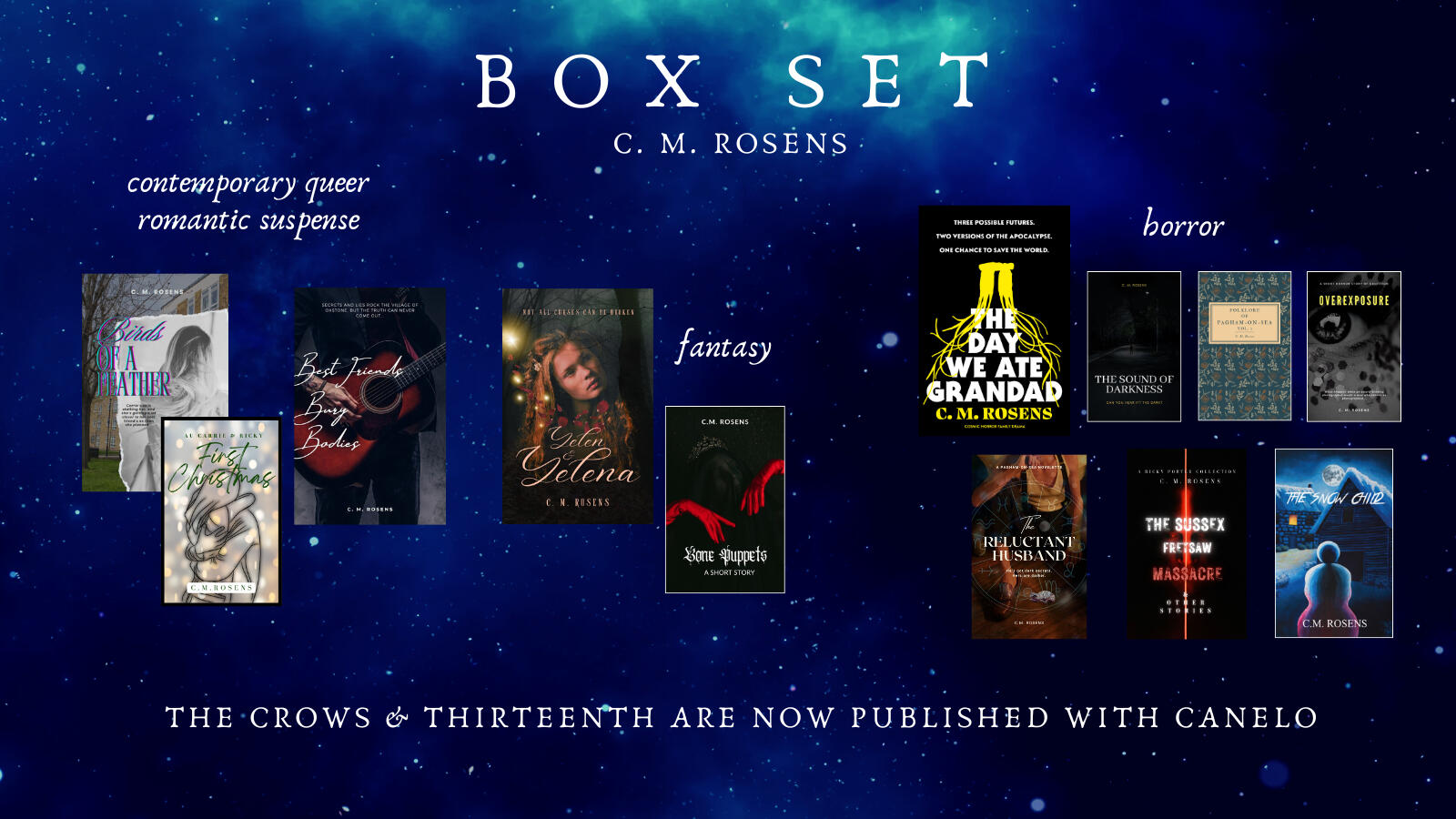 Untitled Contents of the Box Set: 12 eBooks. Contemporary queer suspense (2 novels + 1 short story); fantasy (1 novel + 1 short story), and Horror (1 novel, 1 novella and short story collection, 1 novelette, 1 collection of flash fic, and 3 short stories).